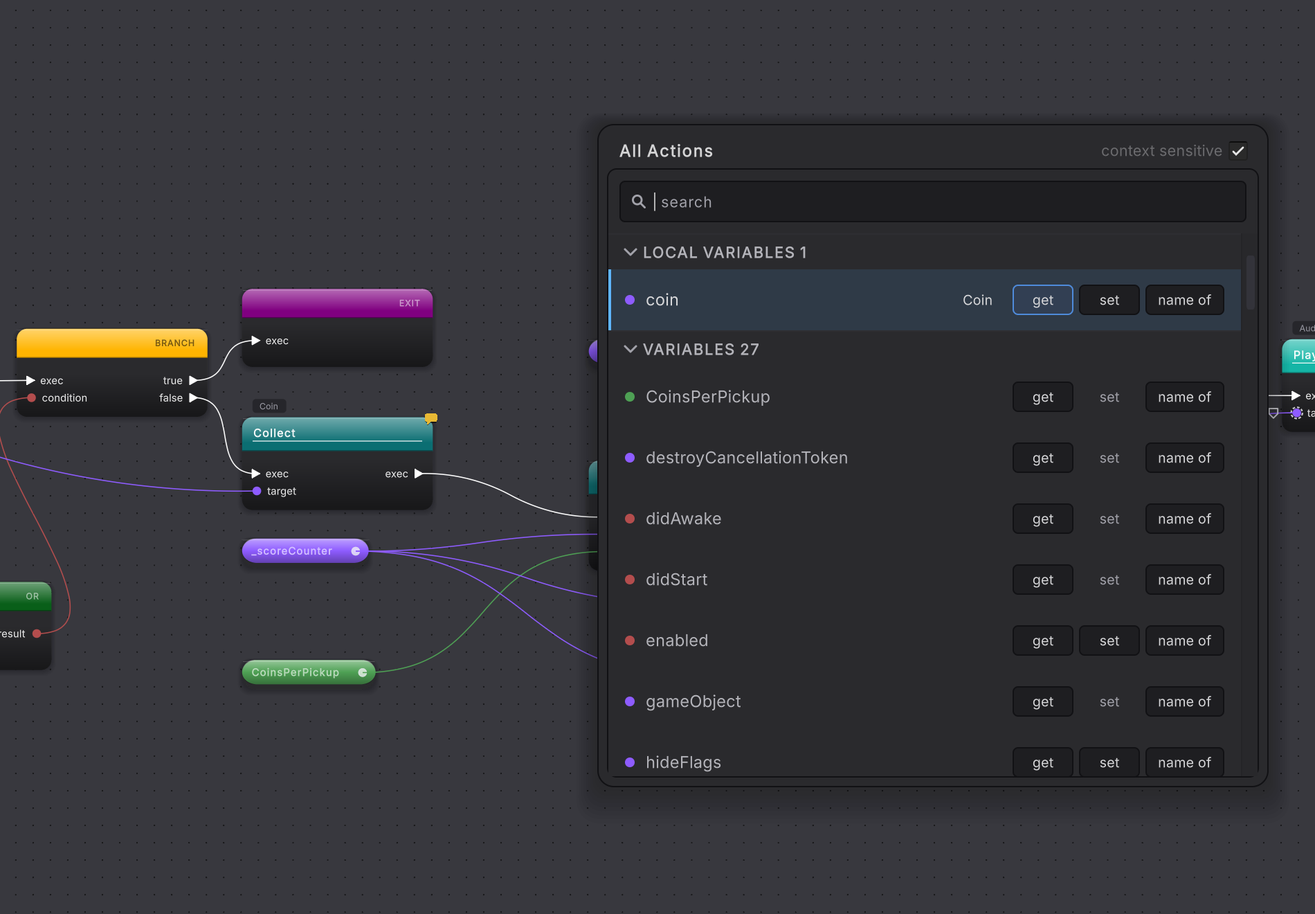 The canvas action menu open over the CollectCoin graph, listing the local coin and the class variables with a get button beside each one
