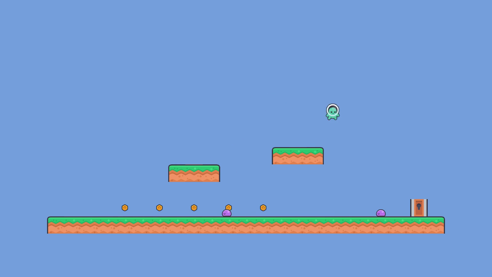 The Platformer level: the player collects coins, stomps an enemy, and the goal opens.
