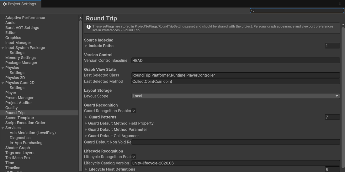 Project Settings open on Round Trip, showing include paths and the layout storage scope.