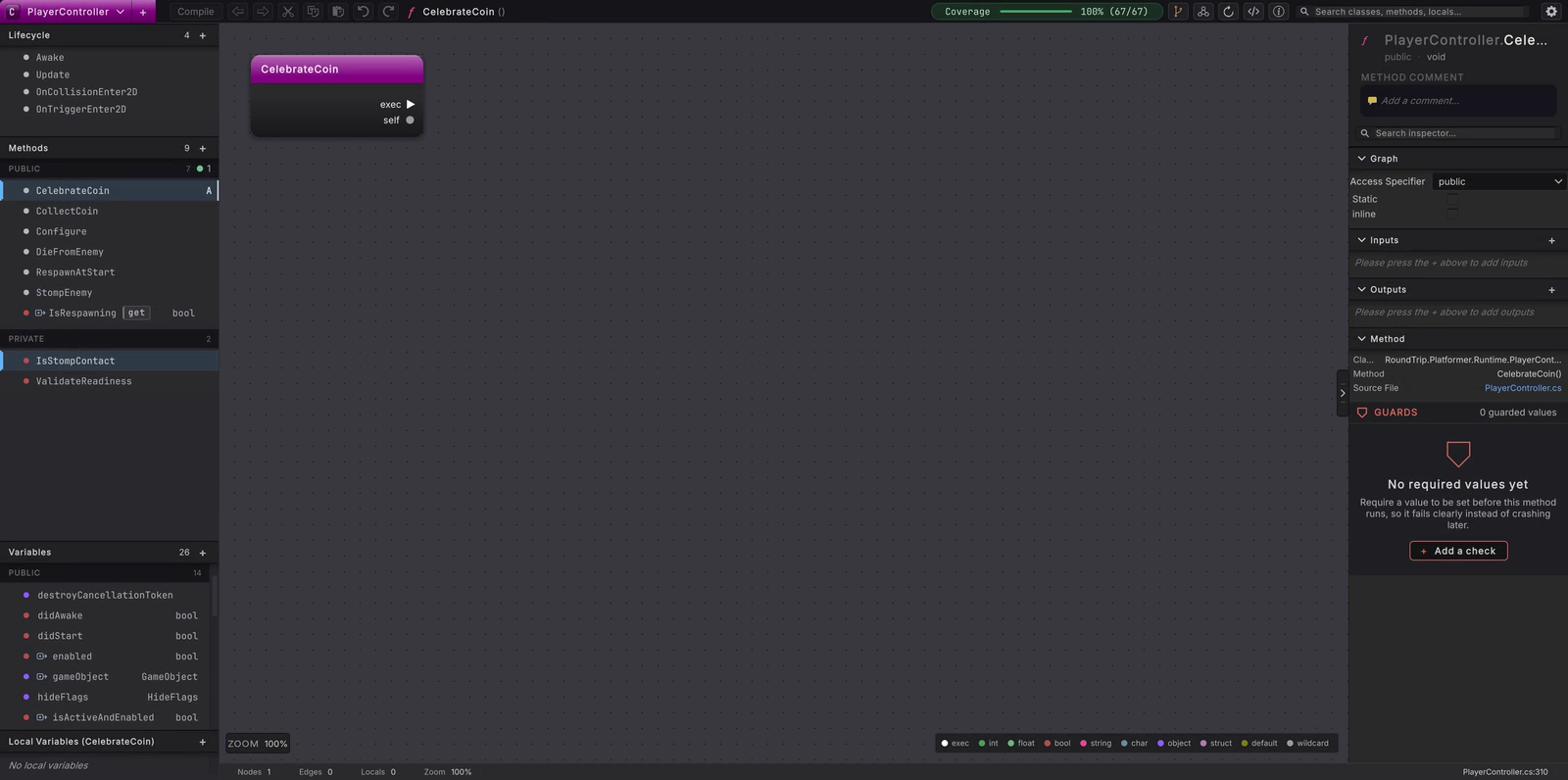 A method from nothing: name it in the new method window, see it as a draft, press Compile, and it is C# in PlayerController.cs.