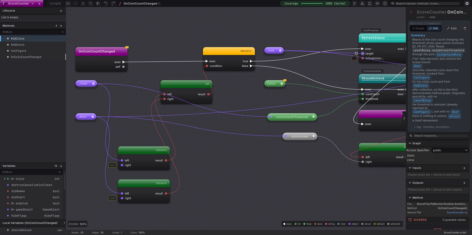 Pick the class, pick the method, read the graph: ScoreCounter.OnCoinCountChanged from the Explorer to the first branch.