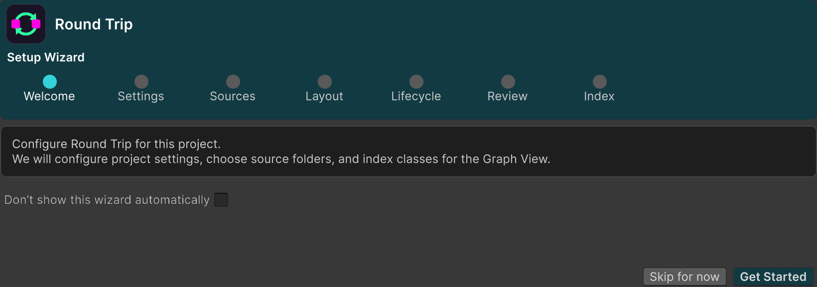The Round Trip Setup Wizard ready to configure source folders.